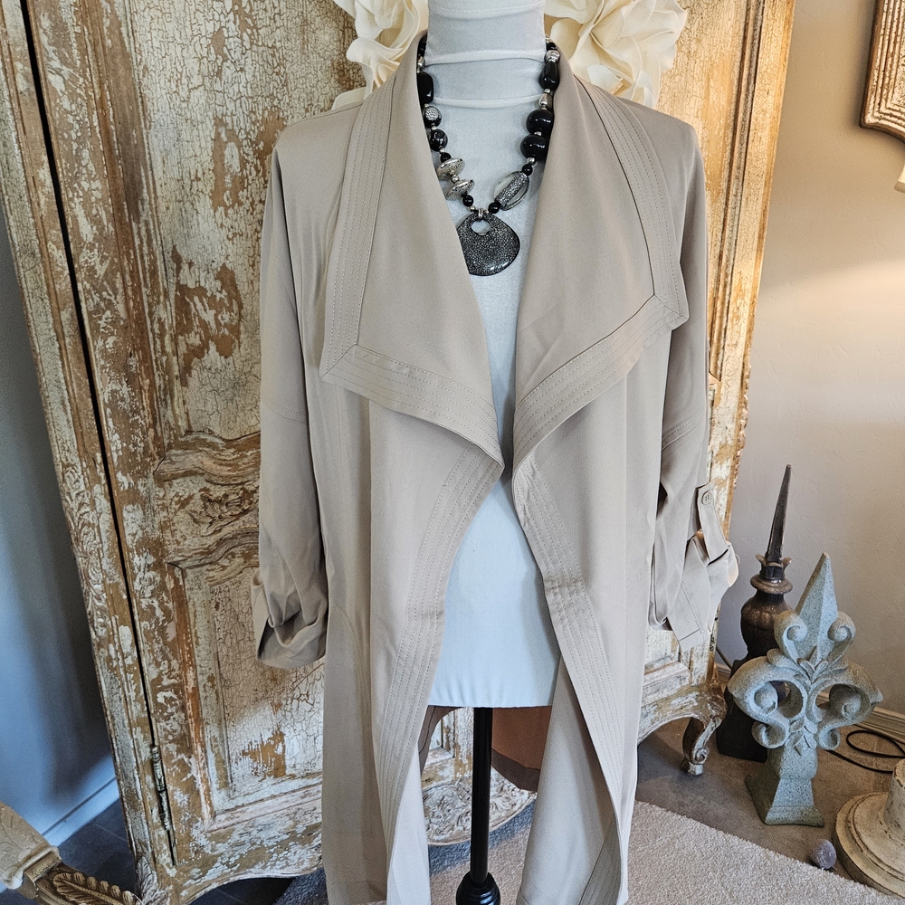 Max Studio Taupe Drape Front Trench Coat - Picture 6 of 11